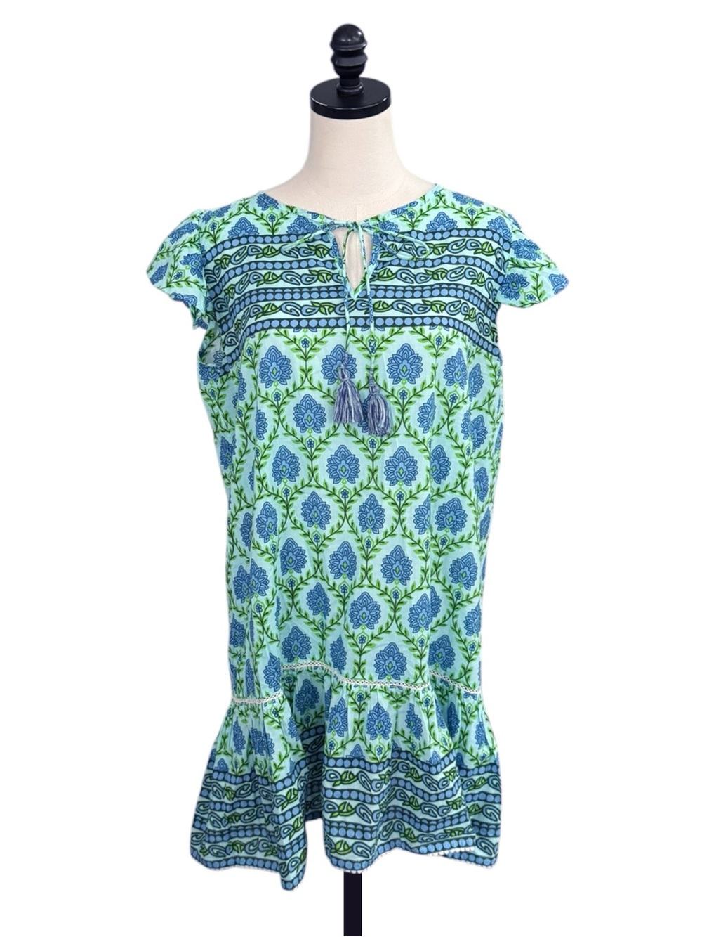 Bindu Blake Blue and Green Blocked Tassel Dress | MEDIUM - Picture 3 of 10
